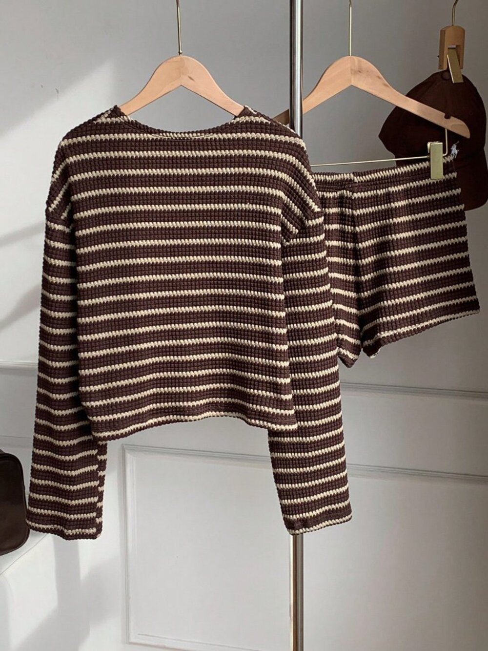 Brown Casual Women's Striped Long Sleeve Single-Breasted Top And Shorts Set - Picture 4 of 6